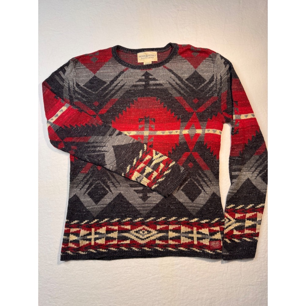 Denim & Supply Ralph Lauren Womens Red Southwestern Geometric Cotton Sweater S